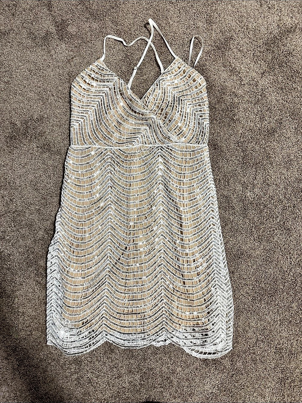 Lulus Stunning Sparkles Silver Sequin Backless Skater Dress Medium